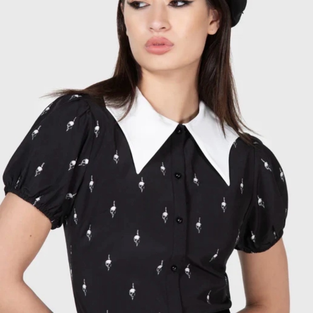 Killstar Wednesday Addams My Little Death Trap Button Up Collar Blouse‎ Top XS